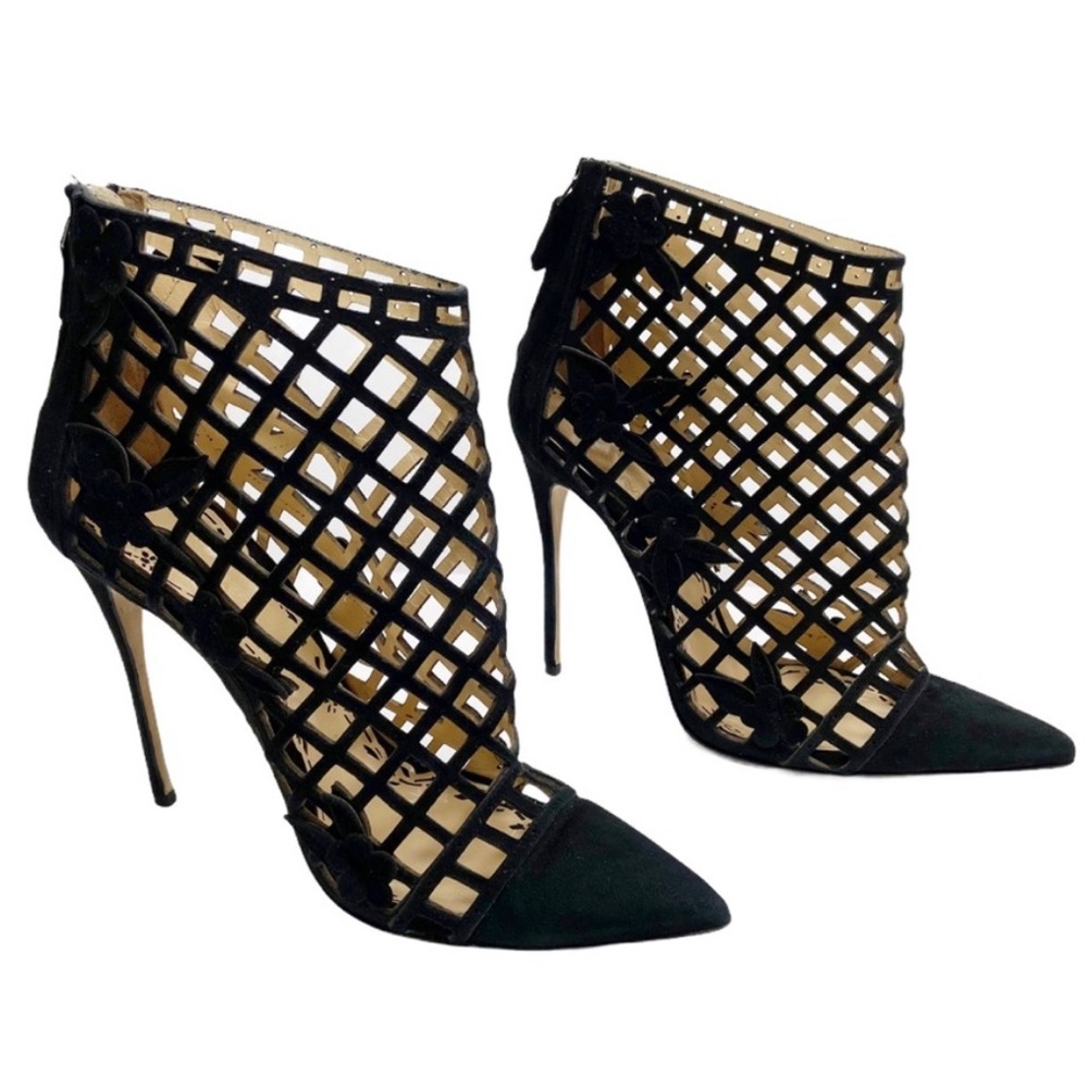 Marchesa Black Suede Leather Caged Stiletto Heels